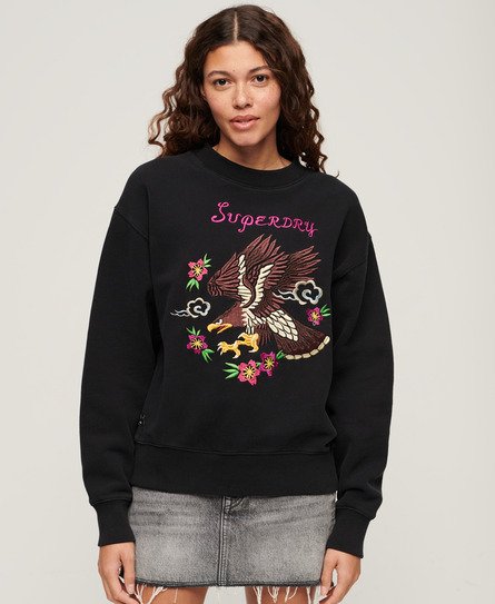 Superdry Women's Lässiges Suika Sweatshirt mit Stickerei Schwarz - Größe: 40 von Superdry