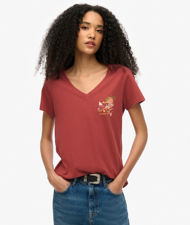 Superdry Damen Lässiges Suika T-shirt in Metallic-optik mit V-ausschnitt Red - Größe: 38 von Superdry