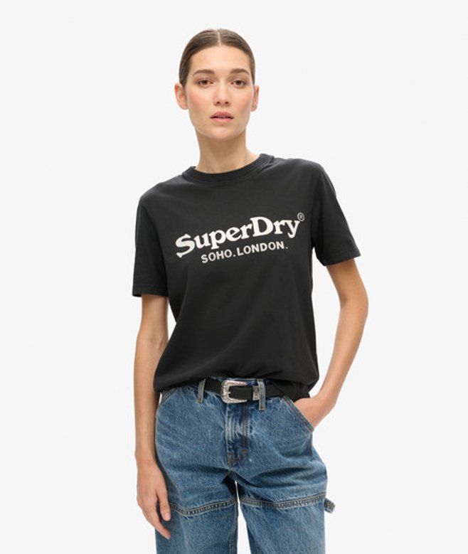 Superdry Damen Schwarz Lässiges T-Shirt In Metallic-Optik, Größe: 40 von Superdry