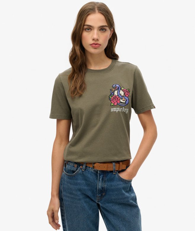 Superdry Damen Lässiges T-shirt im Old-school-stil mit Tattoo-print Khaki - Größe: 38 von Superdry