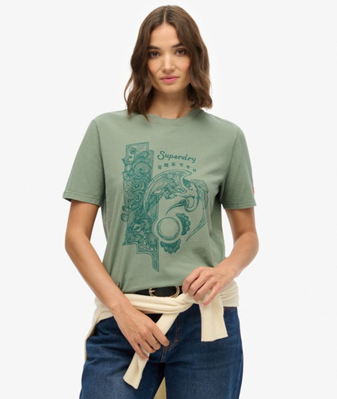 Superdry Damen Lässiges Tokyo Narrative T-shirt Green - Größe: 42 von Superdry