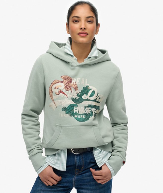Superdry Damen Tokyo Vintage Logo Hoodie in Lockerer Passform Green - Größe: 44 von Superdry
