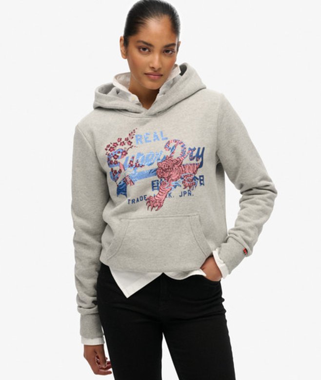 Superdry Damen Tokyo Vintage Logo Hoodie in Lockerer Passform Grey - Größe: 36 von Superdry