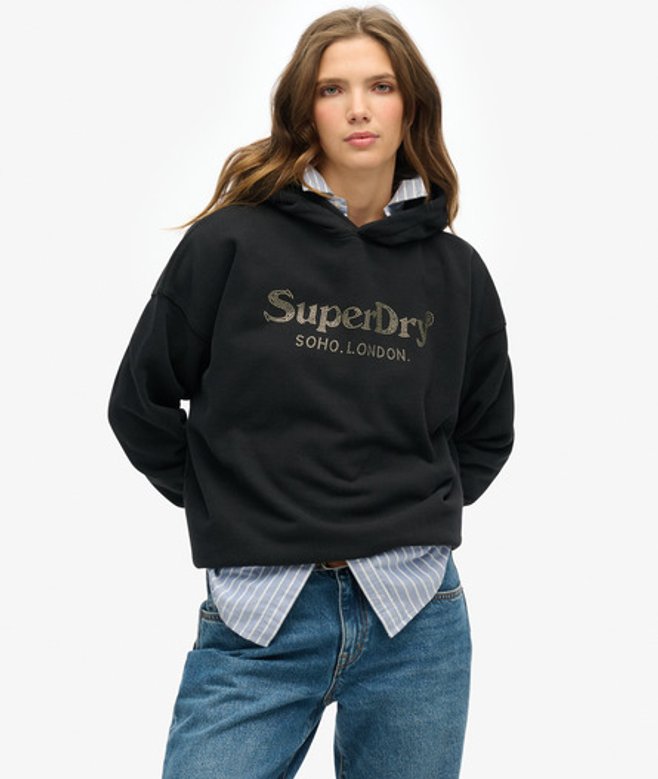 Superdry Damen Lässiges Venue Hoodie in Metallic-optik Schwarz - Größe: 38 von Superdry