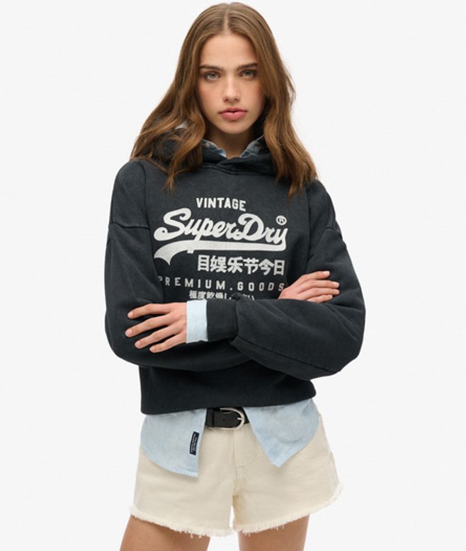 Superdry Women's Lässiges Vintage Hoodie mit Metallic-logo Schwarz - Größe: 44 von Superdry