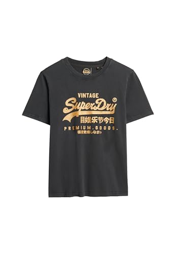Superdry Damen Lässiges Vintage T-Shirt mit Metallic-Logo Mittleres Heavy Metal Schwarz 36 von Superdry