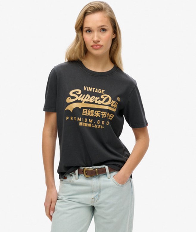 Superdry Women's Lässiges Vintage T-shirt mit Metallic-logo Schwarz - Größe: 36 von Superdry