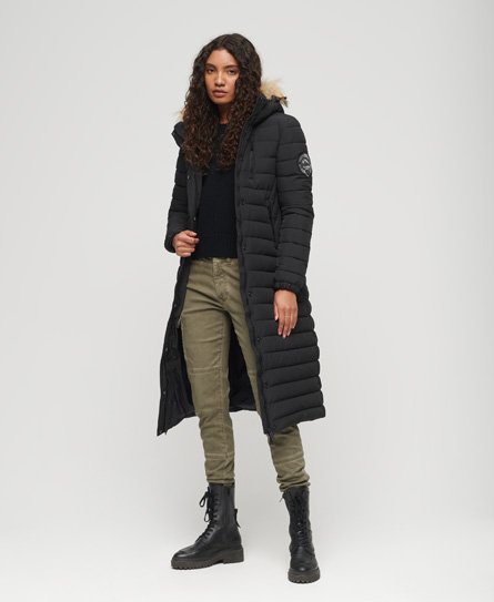 Superdry Women's Lang Geschnittener Fuji Steppmantel mit Kapuze Schwarz - Größe: 36 von Superdry