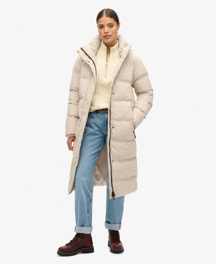 Superdry Damen Beige Lang Geschnittener Steppmantel mit Kapuze, Größe: 42 von Superdry