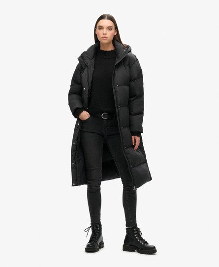 Superdry Damen Lang Geschnittener Steppmantel mit Kapuze Schwarz - Größe: 38 von Superdry