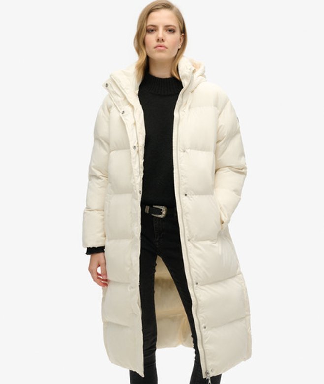 Superdry Damen Lang Geschnittener Steppmantel mit Kapuze Weiß - Größe: 44 von Superdry