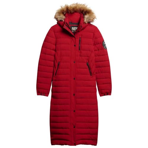 Superdry Damen Lang geschnittener Fuji Steppmantel mit Kapuze College Rot 40 von Superdry