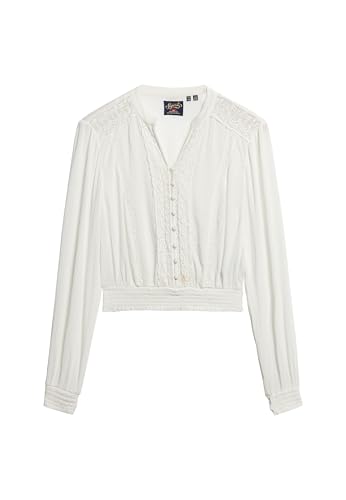 Superdry Damen Langärmelige, gesmokte Bluse mit Spitzenbesatz Ecru 40 von Superdry