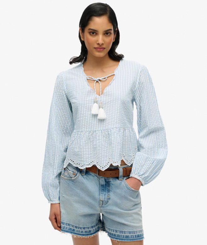 Superdry Damen Langärmelige Bluse mit Lochstickerei Hellblau - Größe: 44 von Superdry