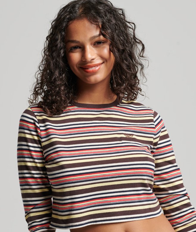 Superdry Damen Langärmeliges Kurztop mit Vintage-streifen aus Bio-baumwolle Braun - Größe: 44 von Superdry