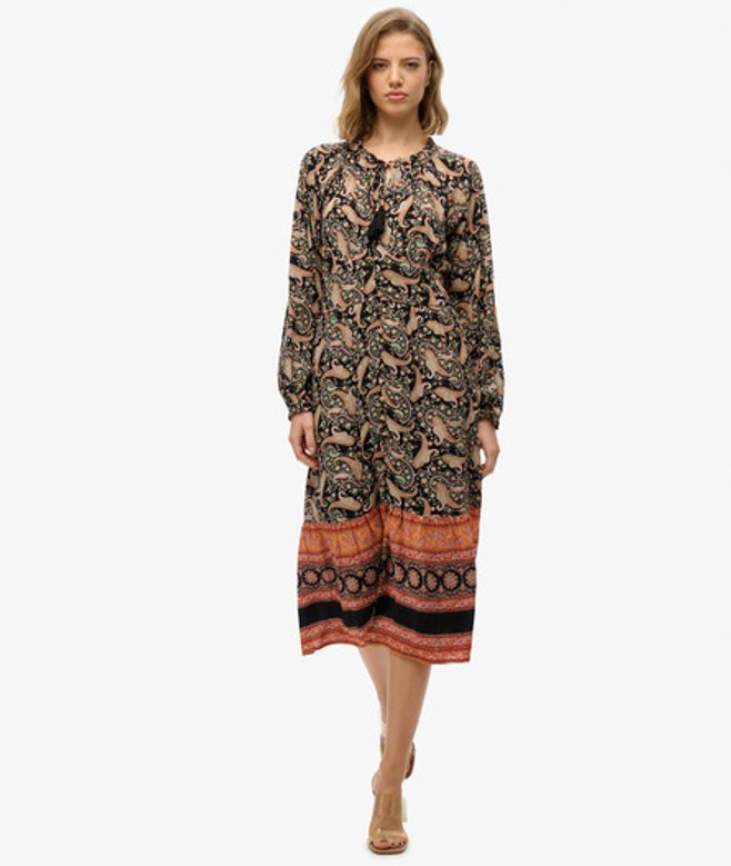 Superdry Damen Langärmeliges Midikleid mit Print Black - Größe: 36 von Superdry