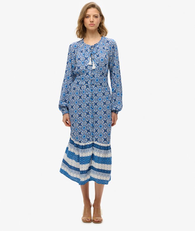 Superdry Damen Langärmeliges Midikleid mit Print Blue - Größe: 36 von Superdry