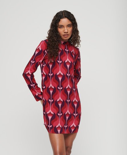 Superdry Women's Langärmeliges Minikleid mit Print Pink - Größe: 44 von Superdry