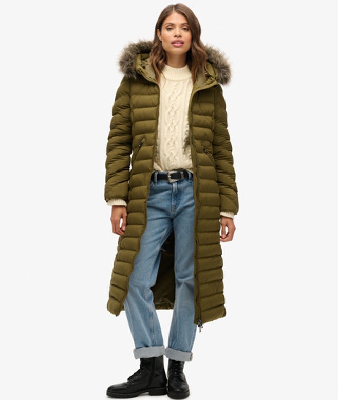 Superdry Damen Lange Fuji Jacke mit Kapuze mit Kunstfellbesatz Grün - Größe: 40 von Superdry