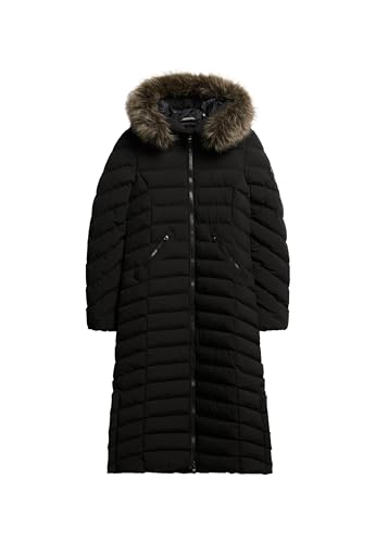 Superdry Damen Lange Fuji Jacke mit Kapuze mit Kunstfellbesatz Schwarz 40 von Superdry