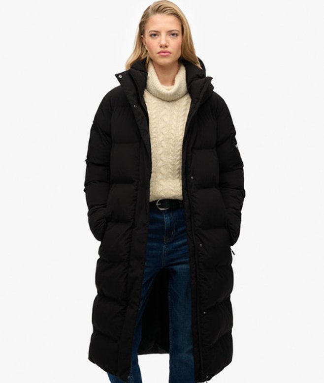 Superdry Damen Lange Pufferjacke mit Kapuze Black - Größe: 42 von Superdry