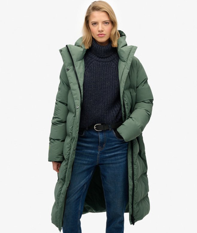 Superdry Damen Lange Pufferjacke mit Kapuze Green - Größe: 42 von Superdry