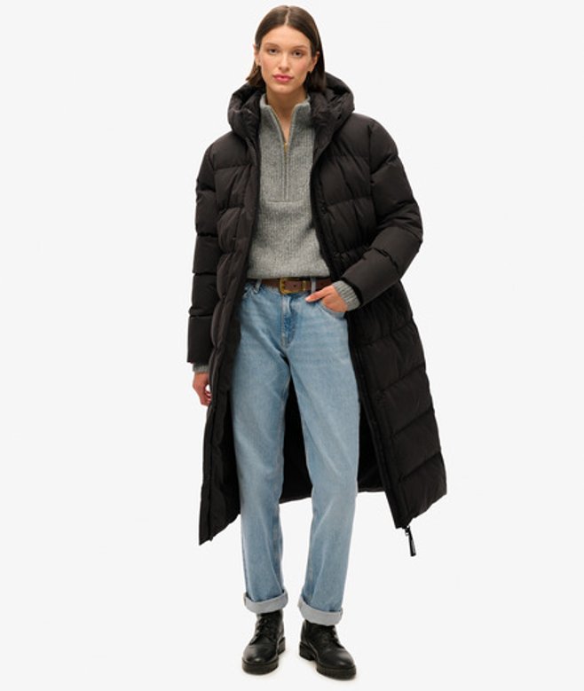 Superdry Damen Langer Steppmantel aus Mikrofaser Schwarz - Größe: 36 von Superdry