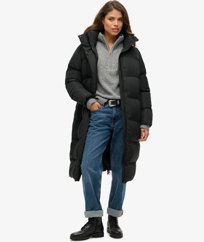 Superdry Damen Langer Steppmantel mit Kapuze Schwarz - Größe: 38 von Superdry