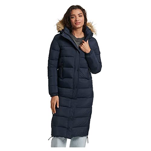 Superdry Damen Lange Steppjacke mit Kapuze mit Kunstfellbesatz Finster Marineblau 40 von Superdry