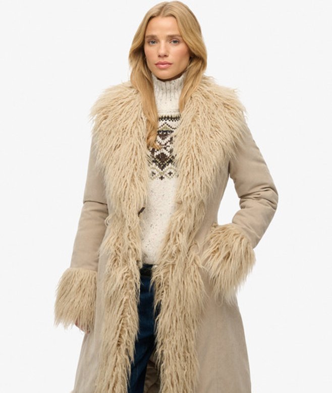 Superdry Damen Langer Afghan Mantel Beige - Größe: 44 von Superdry