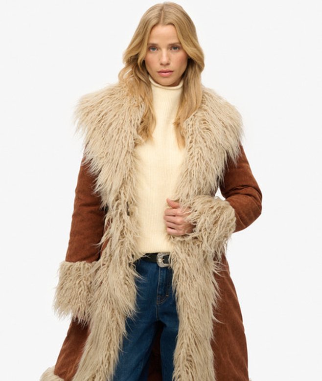 Superdry Damen Langer Afghan Mantel Brown - Größe: 40 von Superdry