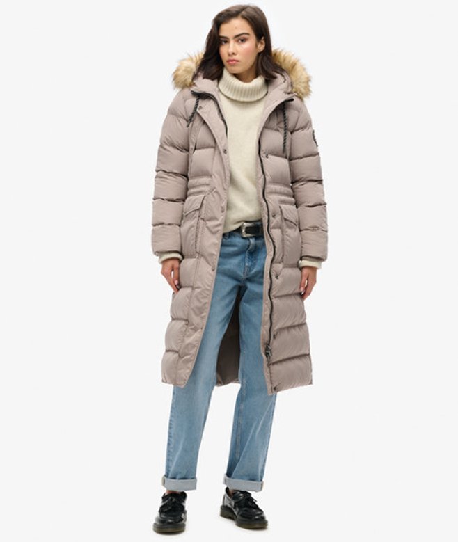 Superdry Damen Langer Everest Kunstfellmantel Beige - Größe: 40 von Superdry