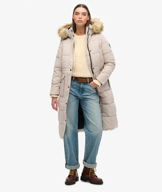 Superdry Damen Beige Langer Everest Steppmantel, Größe: 36 von Superdry