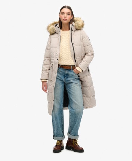 Superdry Damen Beige Langer Everest Steppmantel, Größe: 38 von Superdry