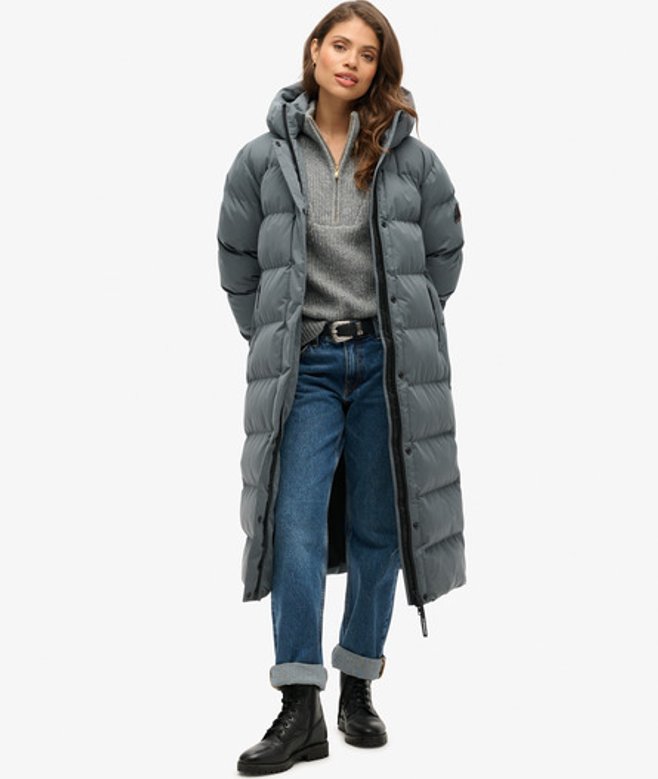 Superdry Damen Langer Steppmantel aus Mikrofaser Dunkelgrau - Größe: 38 von Superdry