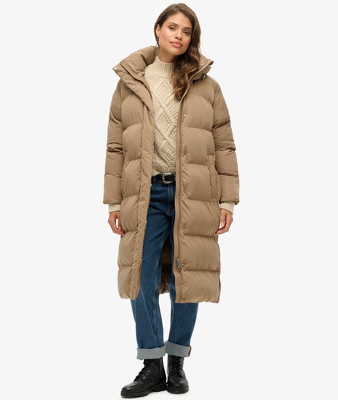 Superdry Damen Langer Steppmantel mit Kapuze Brown - Größe: 34 von Superdry