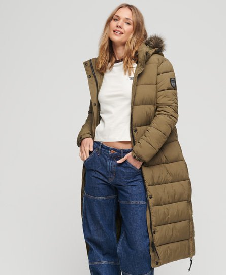 Superdry Women's Langer Steppmantel mit Kapuze mit Kunstfellbesatz Grün - Größe: 36 von Superdry