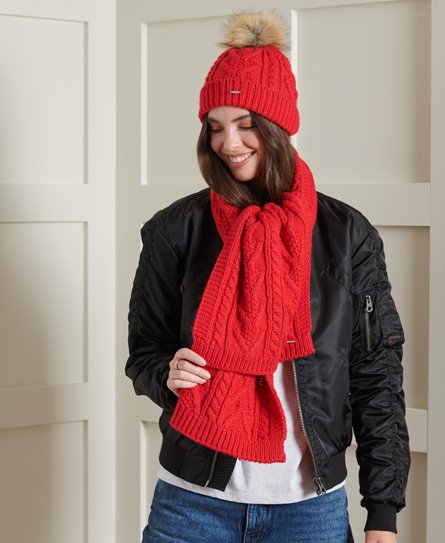 Superdry Damen Lannah Schal mit Zopfmuster Rot - Größe: One Größe von Superdry