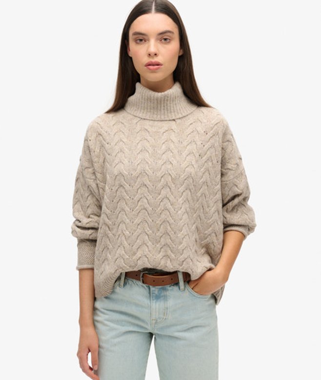 Superdry Damen Leichter Rollkragenpullover mit Zopfmuster Beige - Größe: 36 von Superdry