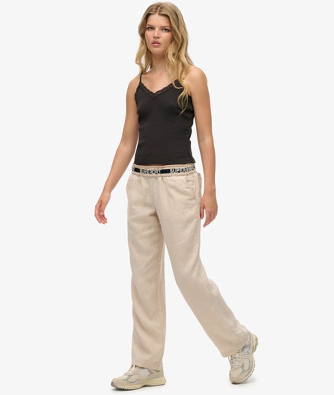 Superdry Women's Leinenhose mit Kordelzug Beige - Größe: 42 von Superdry