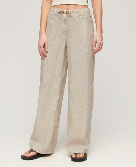 Superdry Damen Leinenhose mit Niedriger Leibhöhe Beige - Größe: 40 von Superdry