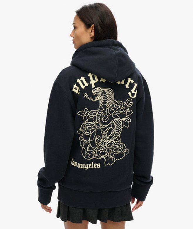 Superdry Damen Schwarz und Weiß Oversize-Hoodie mit Reißverschluss Tattoo-Grafik, Größe: L von Superdry