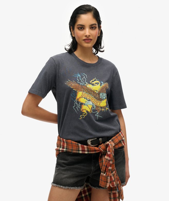 Superdry Women's Locker Geschnittenes T-shirt mit Biker-rock-grafik Dunkelgrau - Größe: 42 von Superdry