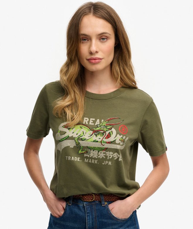Superdry Damen Locker Geschnittenes Tokyo T-shirt mit Vintage-logo Green - Größe: 44 von Superdry