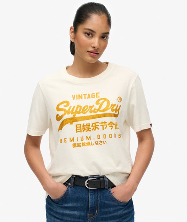 Superdry Damen Locker Geschnittenes Vintage Logo T-shirt mit Verzierung White - Größe: 40 von Superdry