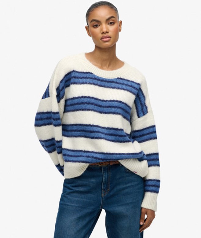 Superdry Damen Lockerer Strickpullover mit Streifenmuster Blue - Größe: 40 von Superdry