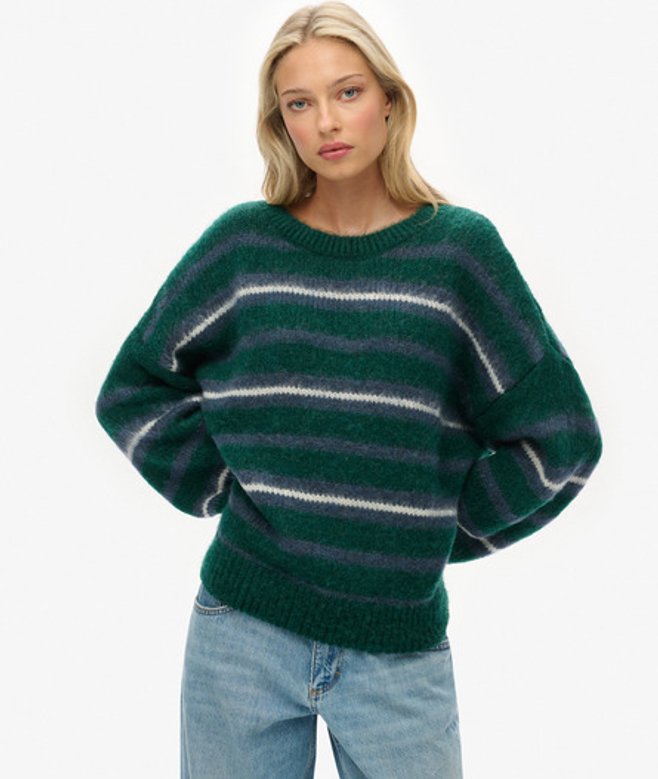 Superdry Damen Lockerer Strickpullover mit Streifenmuster Green - Größe: 40 von Superdry