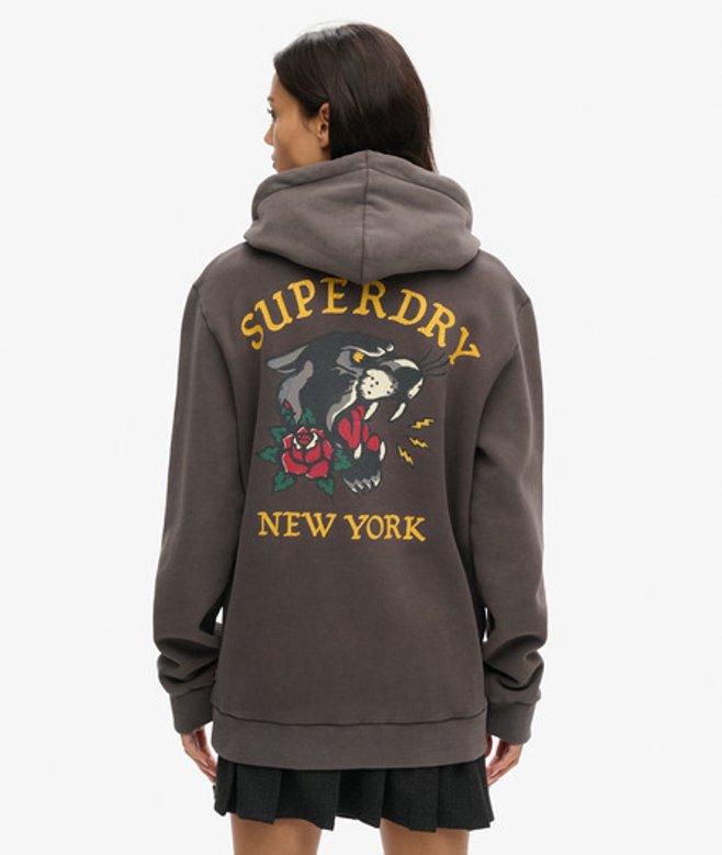 Superdry Damen Übergroßes Hoodie mit Tattoo-grafik auf der Rückseite Schwarz - Größe: XL von Superdry