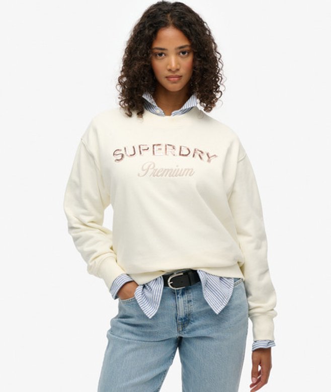 Superdry Damen Lockeres Premium Design Sweatshirt mit Rundhalsausschnitt Weiß - Größe: 42 von Superdry