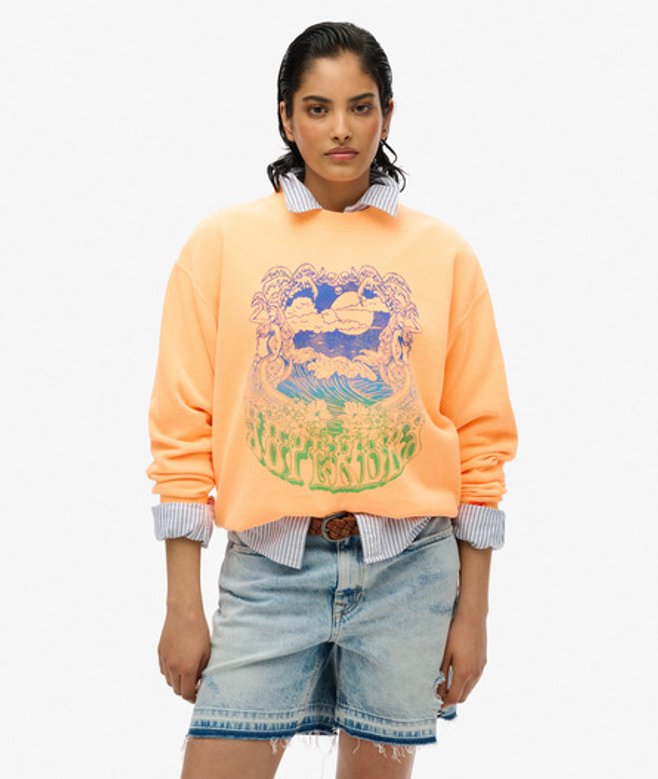 Superdry Damen Lockeres Psych Surf Sweatshirt mit Rundhalsausschnitt Orange - Größe: 44 von Superdry